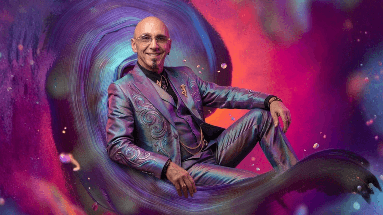 A man in a colorful suit sits against a vibrant, swirling background