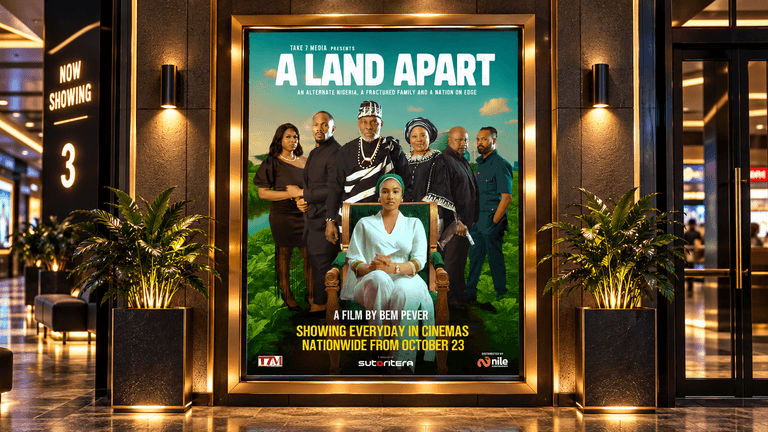 Movie poster for "A Land Apart" displayed in a cinema lobby